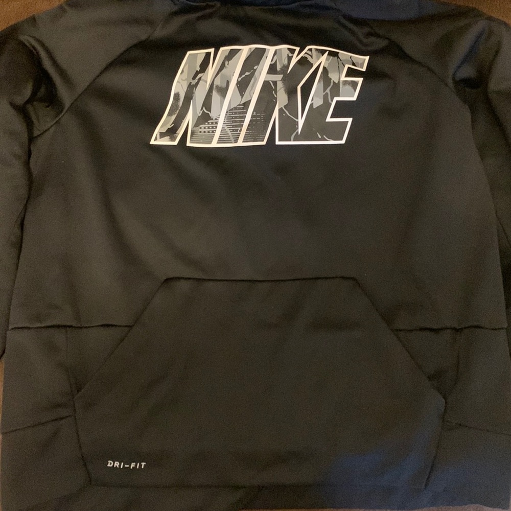 Nike Dri-fit hoodie, boys lg (fit 10-12) black with gray/white logo.